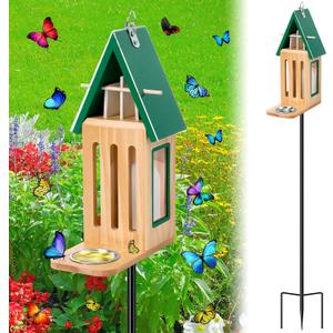 New Upgraded Butterfly House and Feeder for Outside - Wooden Butterfly House with Metal Stake for Garden Backyard, Natural Butterflies Habitat with Puddler on Floor or Hanging on Tree Wall