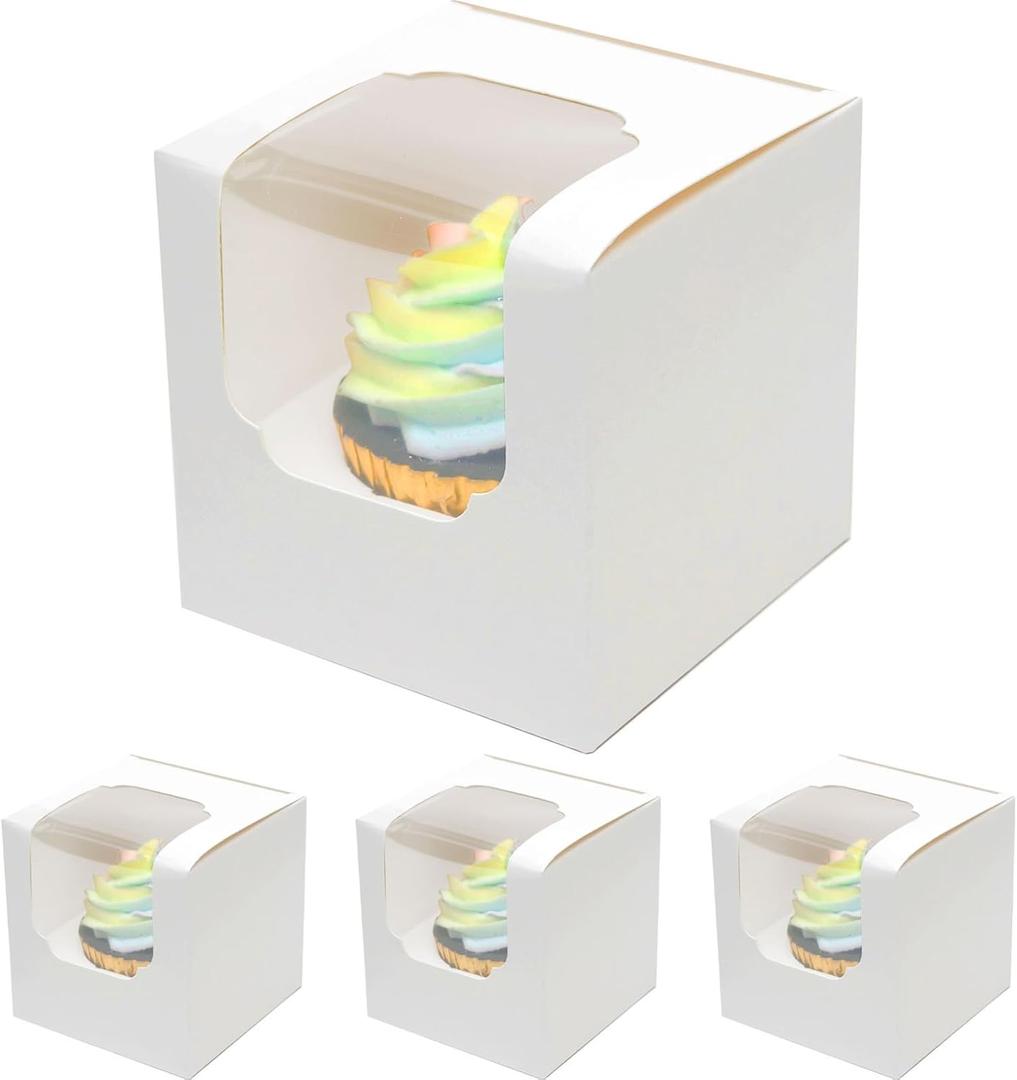Qiqee 60-Packs Cupcake Boxes Auto-pop up Individual Cupcake Container White 3.5" x 3.5" x 3.5" Single Cupcake Boxes