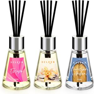 Xcleen 3 Pack Reed Diffuser, Scented Oil Diffuser with 15 Sticks, Escape/Vanilla/Moroccan Amber, Air Freshener for Bathroom & Office, Holiday Home Fragrance, Gift idea, Each 1.7 Fl Oz, Total 5.1 Oz