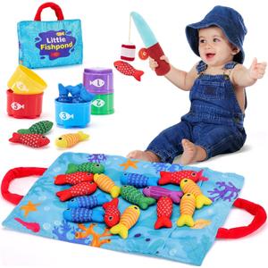 Hahaland Montessori Toys for 1 Year Old Boy Girl Birthday Gift - 10 in 1 Cloth Fishing Game Toddler Toys with Stacking Cups - Number Counting, Color Sorting Learning