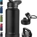 32oz Insulated Water Bottle with Straw, Stainless Steel Metal Vacuum Water Flask, Large Thermal Water bottle with Leakproof 3 Lids for Travel, Camping, Gym Sports Black