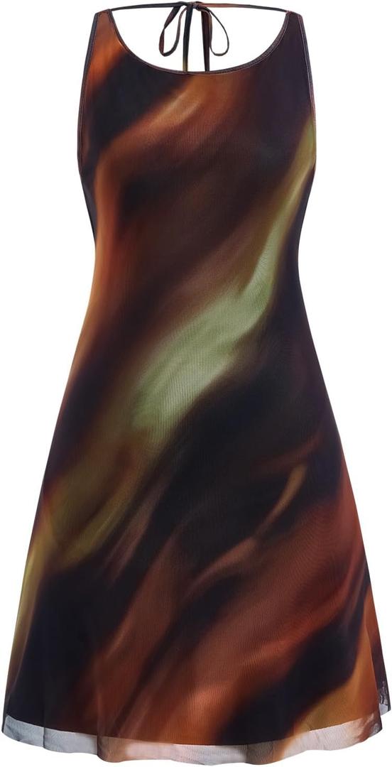 Women's Tie Dye Backless Mini Dress Summer Crew Neck Mesh Party Club Dresses (M)