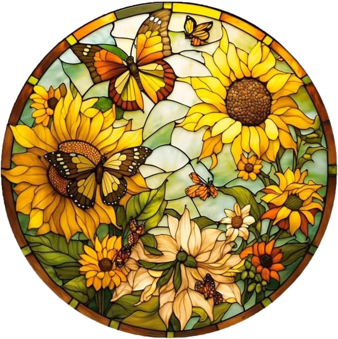 Sunflower Stained Glass Window Hanging - Acrylic Suncatcher Butterfly Ornament - Round Sunflower Glass Pendant for Outdoor Garden Decor & Gifts (Large)