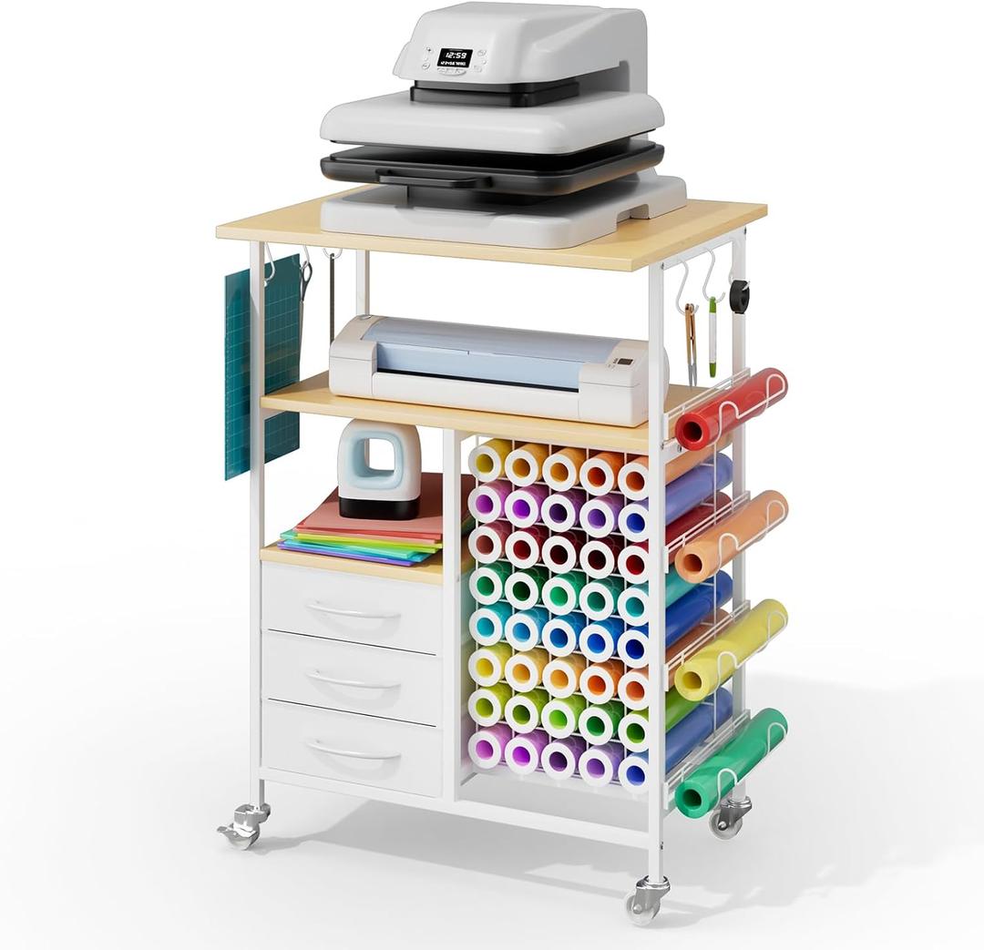 Homsorout Movable Heat Press Table with Drawer & Hook, Hold 44 Vinyl Rolls | Maple Heat Press Desk Cart, Heavy Duty Metal Workbench for DIY Sublimation, T-Shirts Caps Mug Tumbler & Heat Transfer Project