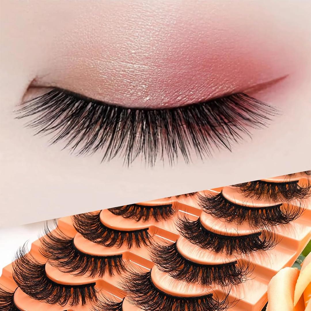 Wispy Lashes 10 Pairs - 3D Volume False Eyelashes Natural Look with Thin Cotton Band, 13mm Soft Flared Cat Eye Lashes, Mink Self Adhesive Fake Eyelashes Strips for Daily Effortless Makeup