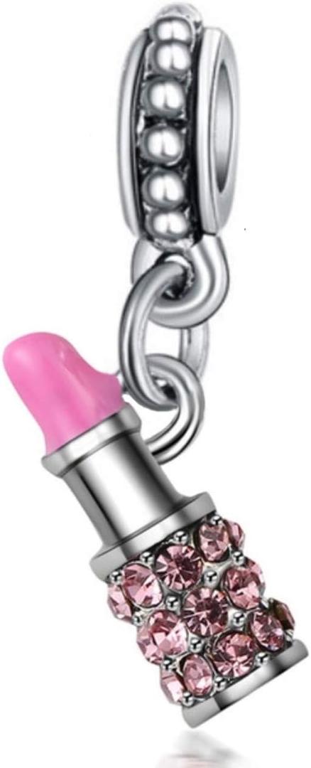 Cherityne Dangle Pink Crystal Lipstick Charm Bead for Bracelets