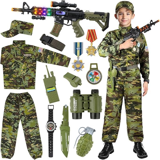 Metemot Kids Army Costume for Boys, Military Army Costume with Army Toys, Solider Boy Dress up, Halloween Costumes for Boys, M