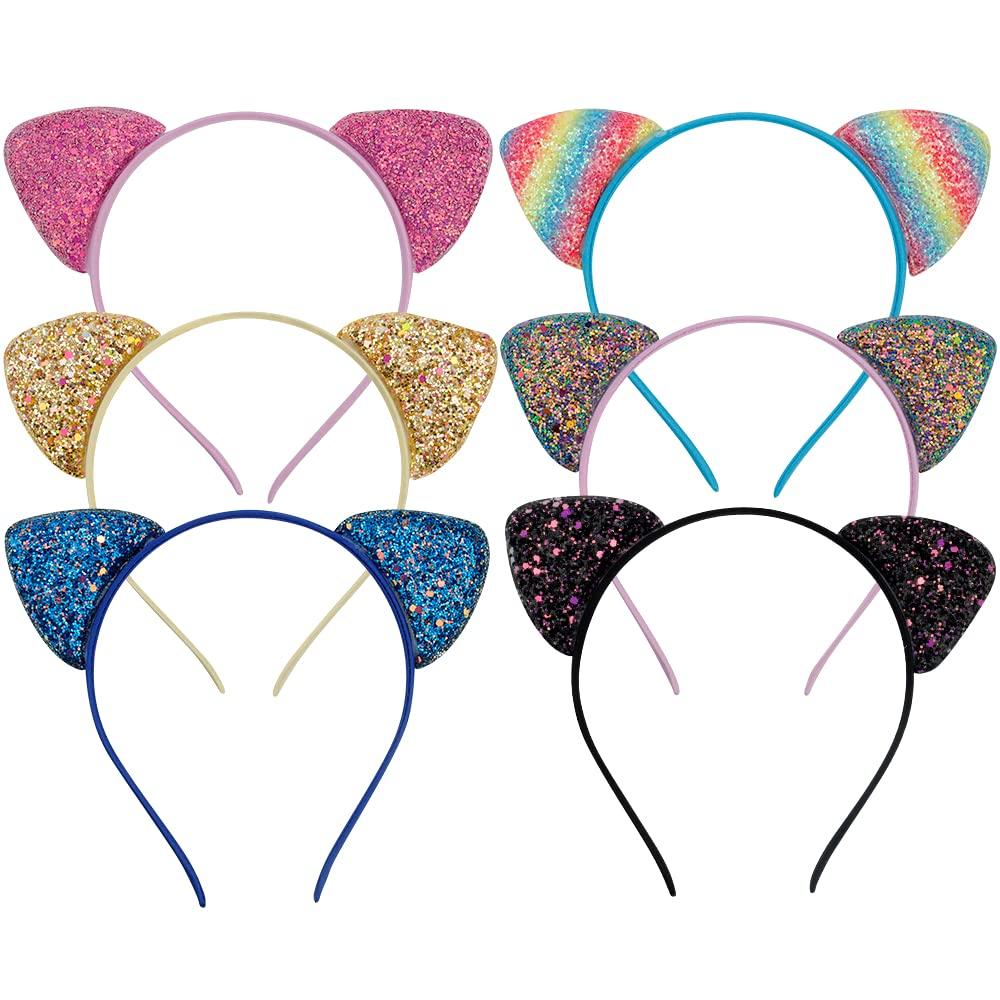 Glitter Cat Ears Headband Cat Ear Sparkly Kitty Headbands Girls Women, 6 Pack