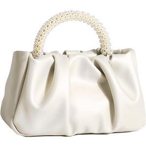 Beatfull Evening Purse Women Small Pearl Handbags Soft Leather Ruched Bag Wedding Bridal Clutch Party Prom Crossbody Purses (White)