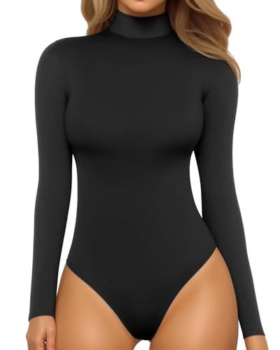 MANGOPOP Women's Mock Turtle Neck Long Sleeve Tops Bodysuit Jumpsuit, XS
