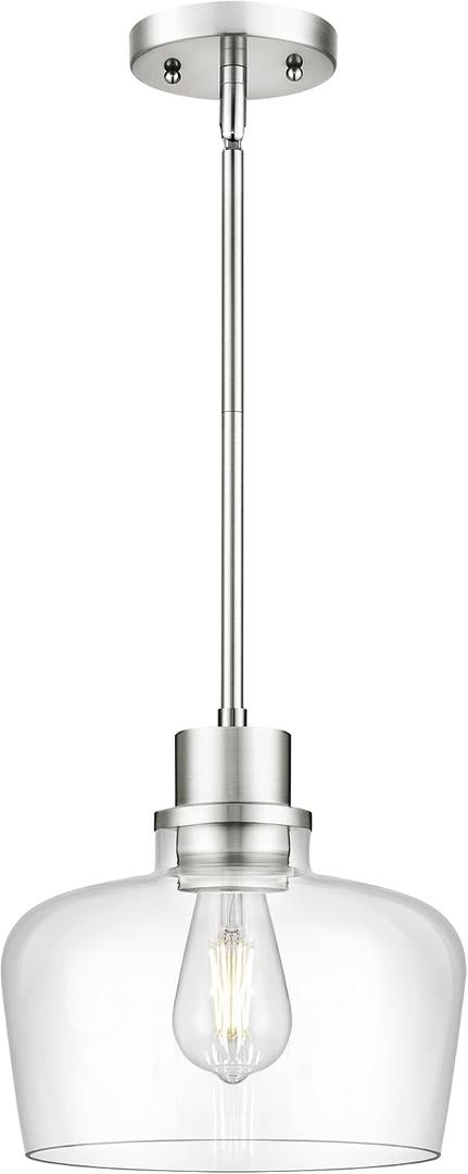Emak 10 Inch Brushed Nickel Pendant Light, Modern Large Pendant Lights Kitchen Island, Hanging Lights with Clear Glass Shade for Kitchen, Dining Room, Entrance, PL126-BN-CG