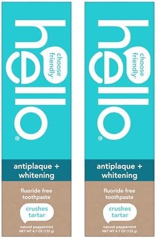 hello Antiplaque and Whitening Fluoride Free Toothpaste, Whitening Toothpaste with Coconut Oil and Tea Tree Oil, Helps Whiten Teeth, Natural Peppermint, 4.7 Oz Tube (Pack of 2)