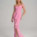 KUTUMAI Women Ruffle Bodycon Maxi Dress Ruched Long Formal Cocktail Wedding Guest Dresses (Pink, XL)