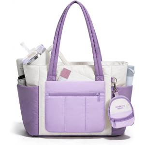 Wandering Nature Puffer Tote Bag for Work & Nurse, 2-Piece Tote with Mini Pouch, Fits 15.6" Laptop, Dual Inner Cup Holders (Purple)