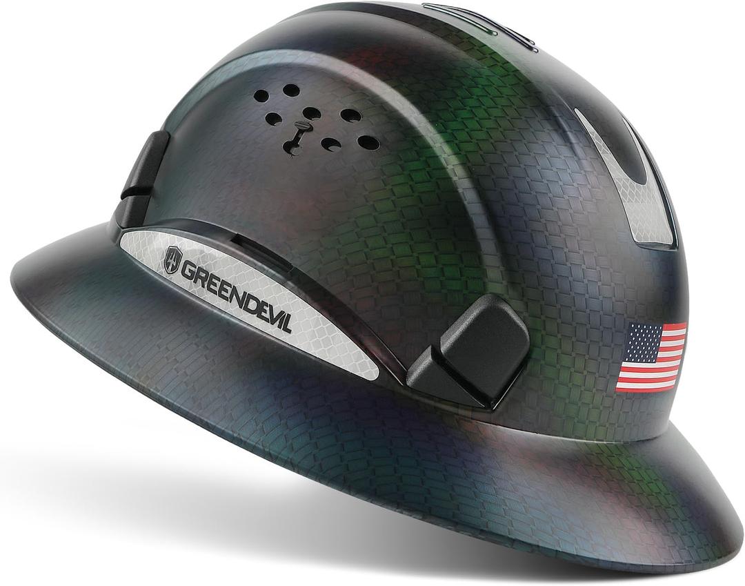 GREEN DEVIL Full Brim Hard Hat Vented Construction Safety Helmet OSHA Approved Cascos De Construccion ABS Work Hardhat for Men&Women 6 Point Adjustable Ratchet Suspension Custom Pattern Design (The Chameleon)