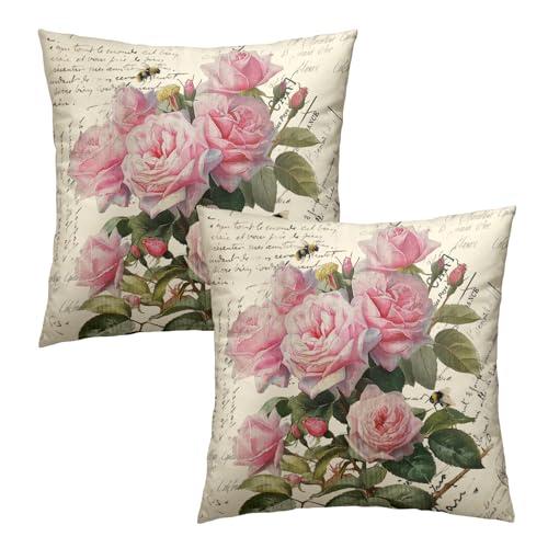 Evlaschin Vintage Rose Flower Pillow Covers Set of 2, 18"x18" Pink Blooming Floral Bee Decorative Throw Pillowcases, Retro Cotton Square Cushion Cover for Sofa Couch Patio Indoor Outdoor
