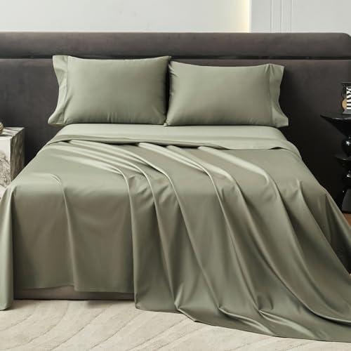 PURE ERA Sheet Set 800 Thread Count Long Staple Cotton Sateen Silky Soft Luxurious Smooth 4 Piece Set, Deep Pocket up to 16" (Light Olive Green King)