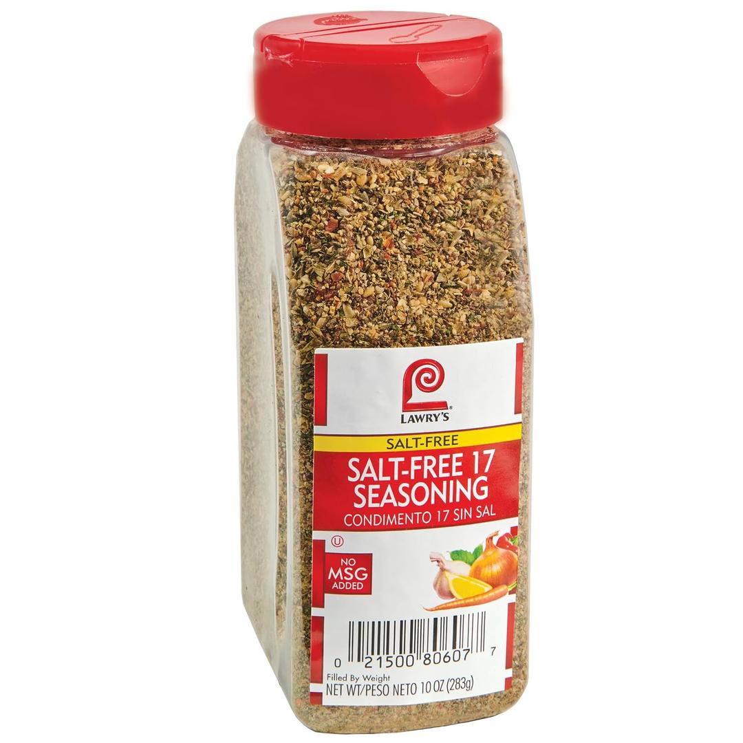Lawry's Salt Free 17 Seasoning, 10 oz - One 10 Ounce Container of 17 Seasoning Spice Blend Including Toasted Sesame Seeds, Turmeric, Basil and Red Bell Pepper for Seafood Poultry and Beef (EXP 04/16/27)