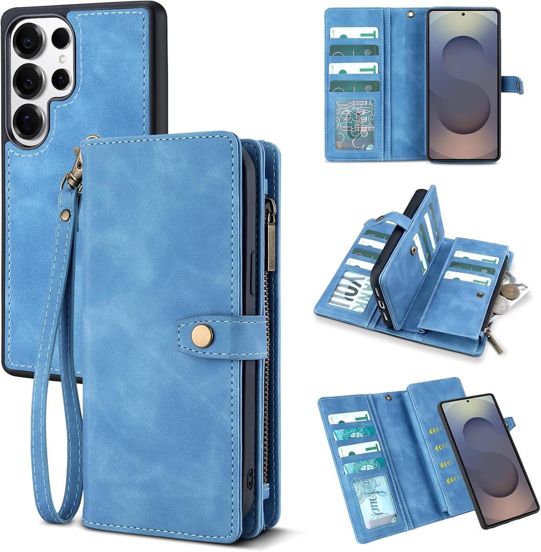 TwoHead for Samsung Galaxy S25 Ultra Wallet Case with Card Holder, Detachable Magnetic Phone Case for S25 Ultra,PU Leather All-Round Protective Phone Case Wallet with Wrist Strap(6.9 in,Sky Blue)