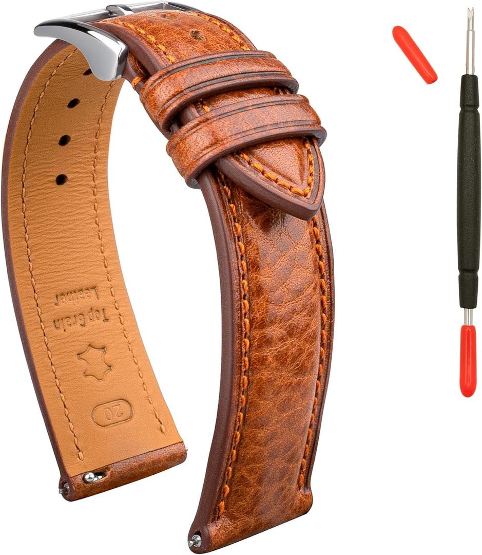 Italian Leather Watch Band Tuscany Natural Vegetable-Tanned Top Grain Genuine Leather Strap,16mm 18mm 19mm 20mm 21mm 22mm XL XXL Quick Release Replacement Watch Bands for Men and Women Thick and Soft (Cognac / Silver Buckle / Match Stitch)