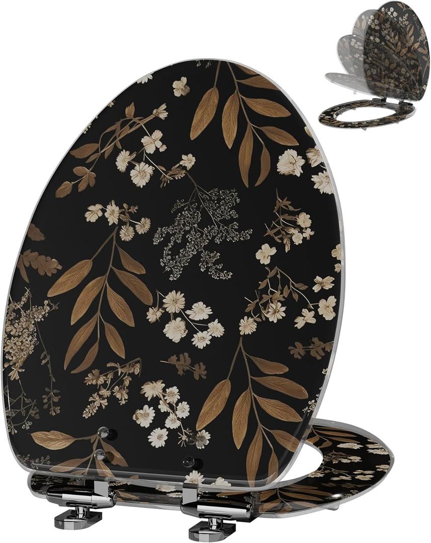 Angol Shiold ELONGATED Resin Toilet Seat Soft Close Black Floral18.5" | Quick Release Heavy Duty Acrylic Decorative Toilet Seats Easy to Install&Clean (Black Floral)
