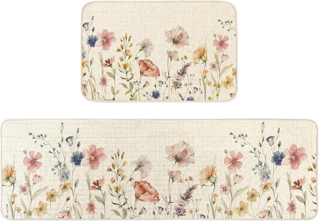 Floral Farmhouse Kitchen Rugs and Mats Set of 2, Absorbent Spring Summer Non-Slip Washable Kitchen Floor Mats Standing Rug for Sink Entryway,17x48 Inch Floral Runner + 17x24 Inch Mat,Boho Flower