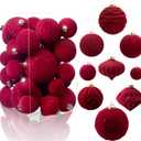 42PCS Red Velvet Christmas Ball Ornaments, Flocked Vintage Rustic Farmhouse Baubles in Assorted Sizes for Xmas Tree Decorations, Hanging Ornaments for Home, Party & Wedding Dcor (Burgundy Red)