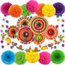 ZERODECO Fiesta Mexican Party Decorations, 21 Pcs Multi-color Paper Fans, Pom Poms Flowers for Cinco De Mayo Taco Themed Birthday Party Supplies