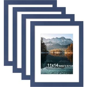 11x14 Picture Frame Set of 4, High Definition Real Glass, Display Pictures 8x10 with Mat or 11x14 Without Mat, Gallery Wall Hanging Photo Frames, Blue