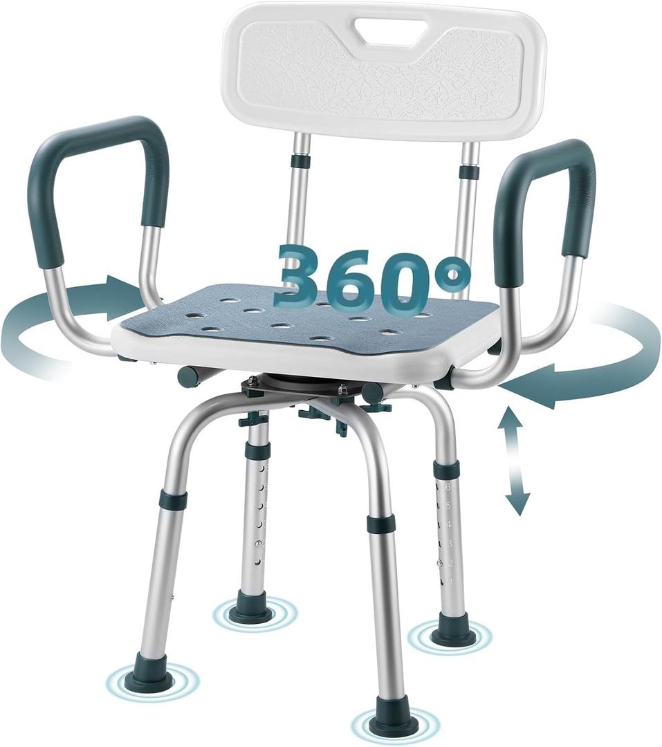 Swivel Shower Chair with Arms and Back, 400 lbs Heavy Duty Shower Stool for Inside Shower Stall and Bathtub, Height Adjustable Rotating Shower Chair Seat for Elderly, Adults, Handicap and Disabled