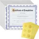 Certificate of Completion Paper Sheets - 8.5 x 11 in, Blue Floral Border & Gold Foil Seals, 48 Count - Award Certificate Paper for Printing & Student Recognition