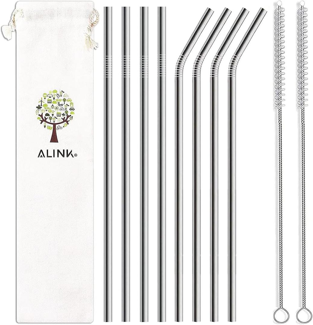 ALINK 8-Pack Stainless Steel Straws, 10.5 Long Reusable Replacement Metal Straws for 20 30 OZ Yeti Tumbler, RTIC, Tervis, Mason Jar, With 2 Cleaning Brush and 1 Carrying Case