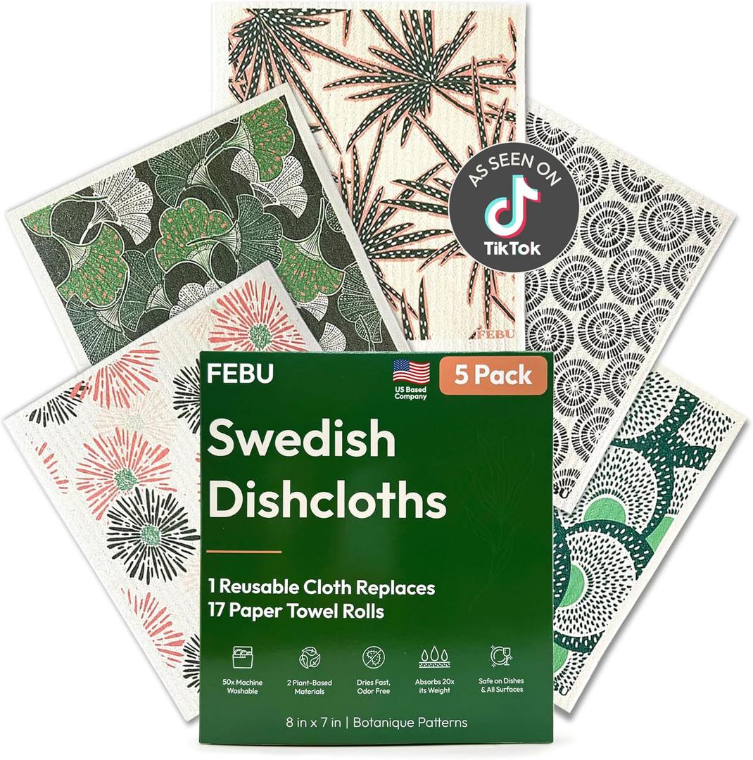 FEBU Swedish Dishcloths for Kitchen | 5 Pack Botanique Reusable Paper Towels Washable | Swedish Dish Towels | Non-Scratch Cellulose Sponge Cloths | No Odor, Biodegradable Cleaning Cloths