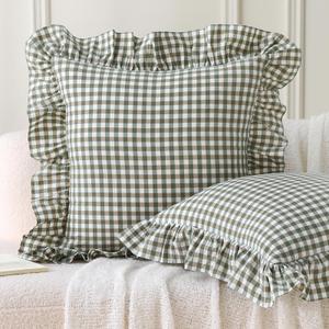 Aryeleay 2 Pack Sage Green White and Brown Plaid Gingham Ruffle Pillow Shams, 100% Washed Cotton Checkered Farmhouse Pillow Covers for Bed/Sofa-20 x20