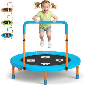 JOY SPOT 3FT Toddler Trampoline with Adjustable Handlebar, 36" Foldable & Spring-Free, Mini Kids Indoor Outdoor Trampoline for Ages 1-6, Noiseless Jumping Mat, Safe & Sturdy Design, Supports Up to 100 lbs (Blue)