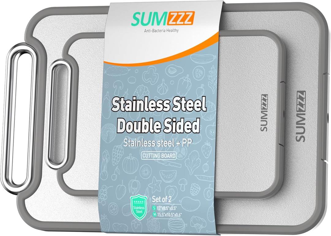 Stainless Steel Cutting Board for Kitchen, 2-in-1 Double-Sided Chopping Board, Food Grade Stainless Steel/PP (Silver, Set of 2(S+M))