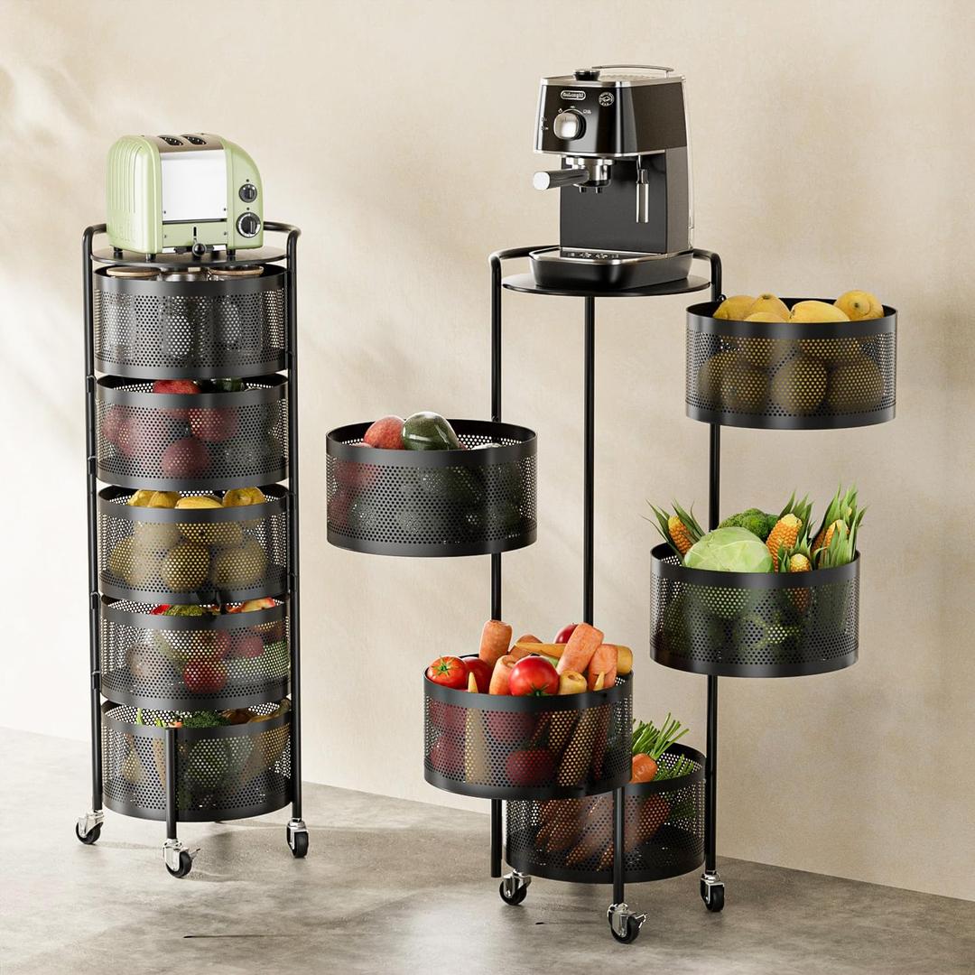 JAQ Rotating Fruit Basket, 5-Tier Metal Sturdy Kitchen Storage Rack Shelf Carts No Assembly on Rolling Wheels for Fruit Vegetable Grocery Corns Potato Onion (5-Tier, Black)