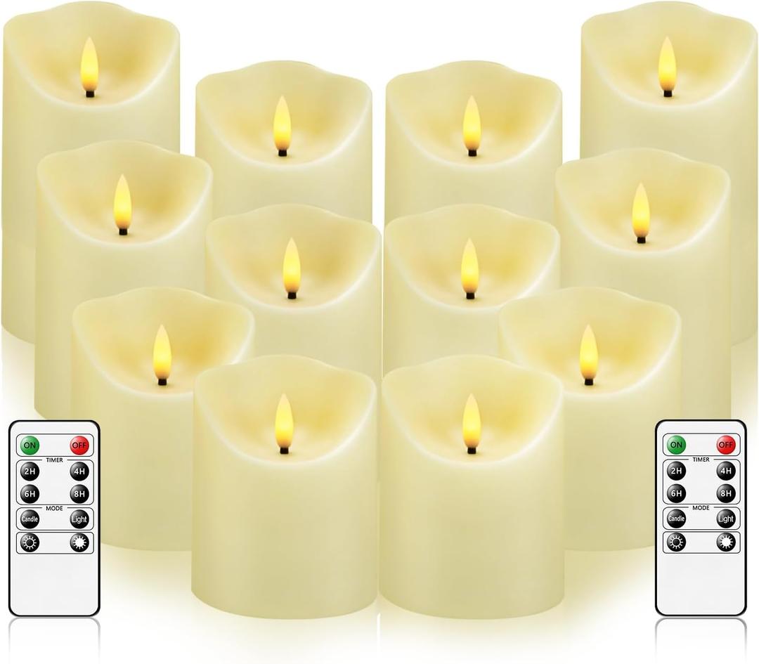 kakoya Flameless LED Candles Battery Operated with Remote and Timer,Flickering Electric Fake Plastic Pillar Candles Set of 12(D3 x H 3" 4" 5") Ivory