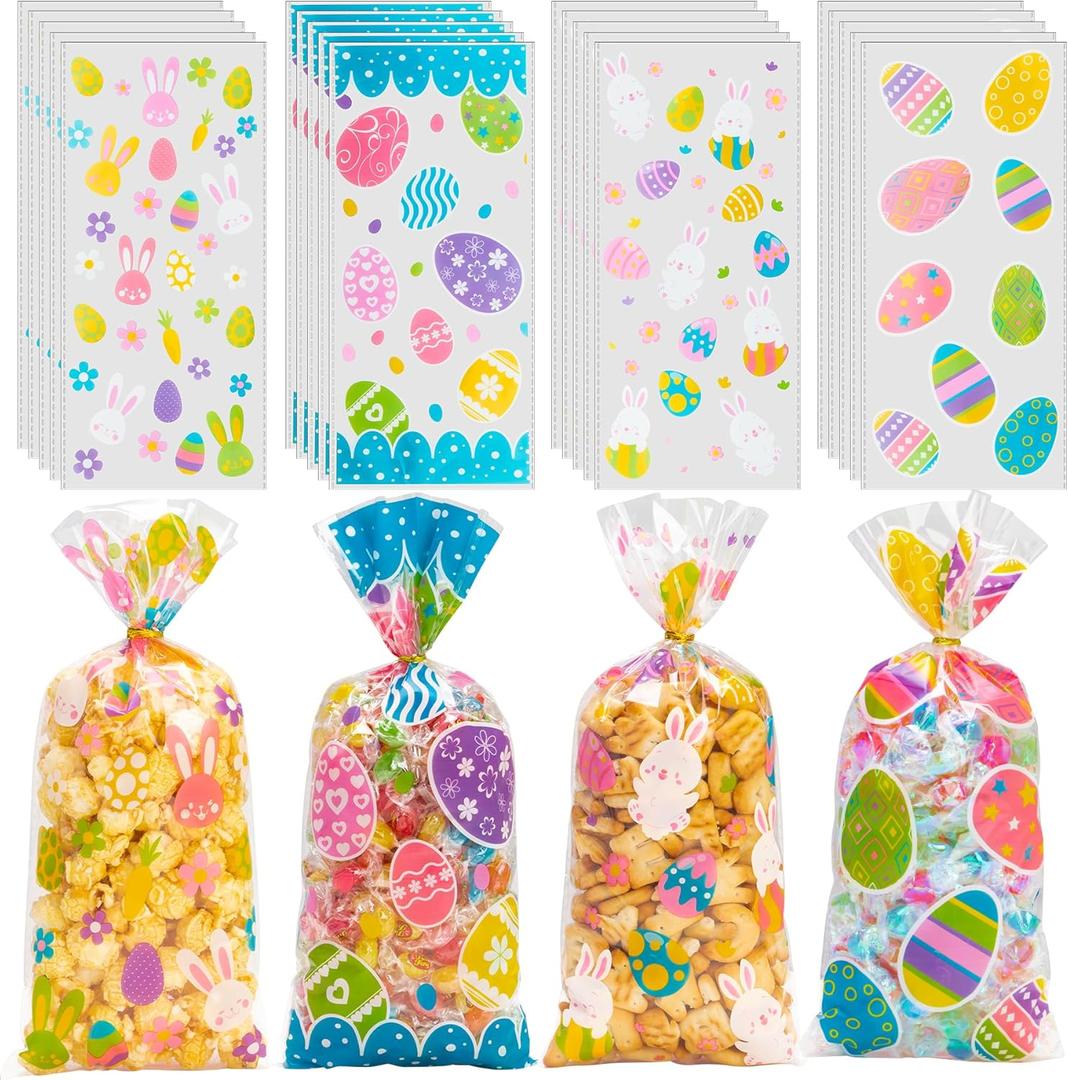 4 x GOMANCHE Easter Cellophane Candy Bags, 100pcs Easter Treat Bags with 100pcs Gold Twist Ties, Easter Candy Goodie Treat Bags for Kids Easter Party Favor Supplies