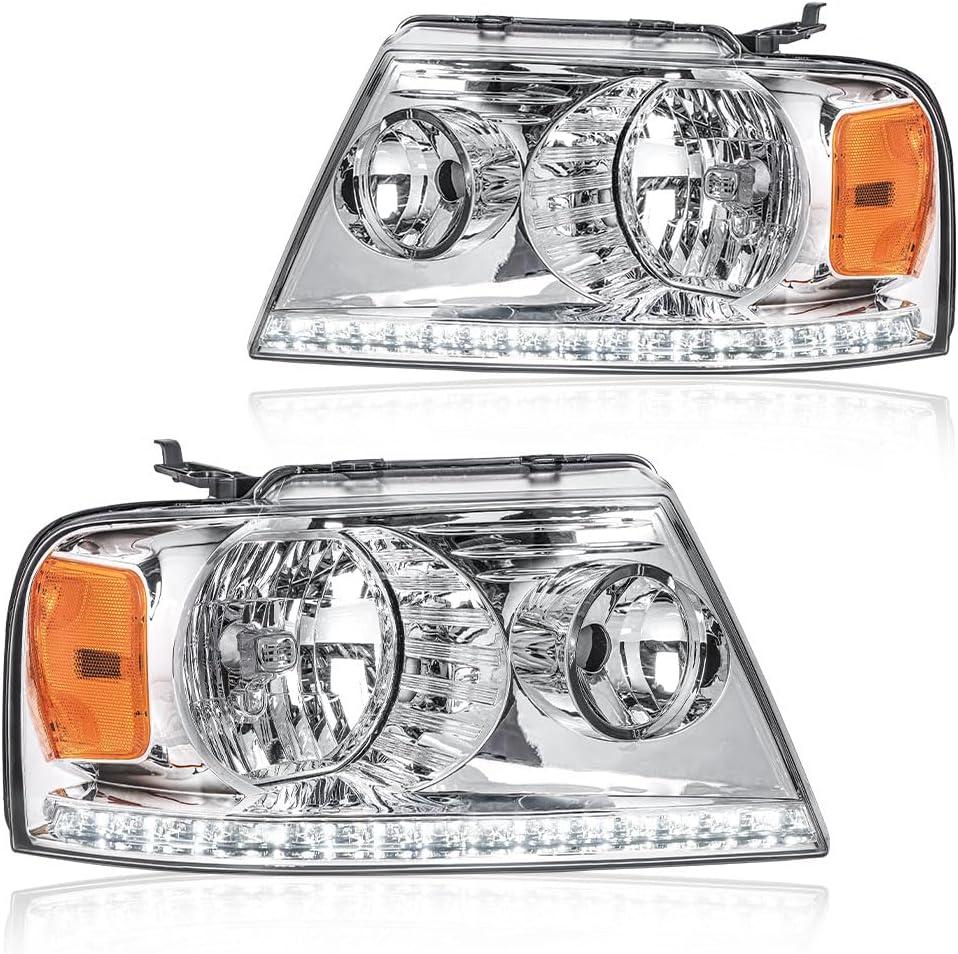 LED Headlight Assembly, Headlights Kit Compatible with 2004-2008 Ford F150/2006-2008 Lincoln Mark LT Replacement Headlamp Chrome Housing Amber Reflector