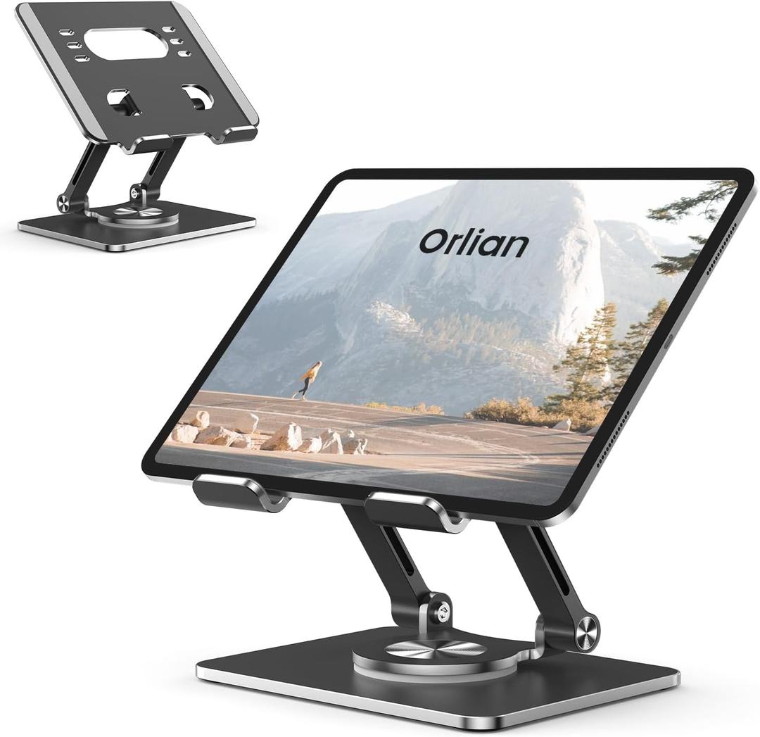 Orlian Tablet Stand Holder with Thickened 360Rotating Base Dual Rod Adjustable Aluminum Stand for All 5.8-12.9 iPad Samsung Phone Tablet Kindle E-Reader and More, Black