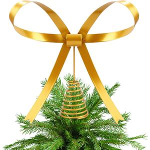 Metal Christmas Bow Tree Topper, Christmas Gold Bow Ornament Decorations for Xmas Tree Topper Garland Wreath Indoor Outdoor Decor, 9.5 x 8.7''