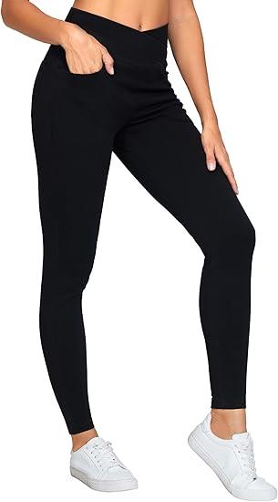 THE GYM PEOPLE Women's V Cross Denim Jegging Pants High Waisted Stretchy Skinny Jean Leggings with Pockets, Size: M