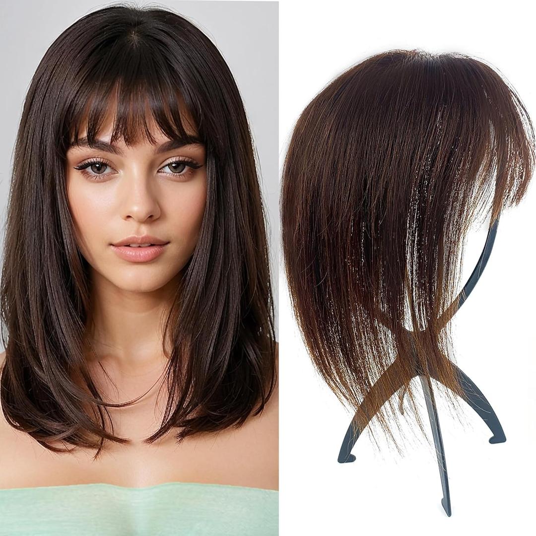 Brown Hair Topper With Bangs Real Human Hair Toppers For Women With Thinning Hair 360 3D Cover Hair Pieces with Bangs For Women (12Inch, Brown with Bangs)