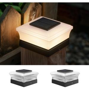 Solar Post Cap Lights Outdoor, Deck Post Lights Solar Powered for 4x4 Vinyl/Wooden Posts, Solar Fence Post Lights, Bright LED Light for Fence Deck Patio Garden Posts, Warm White (2 Pack)