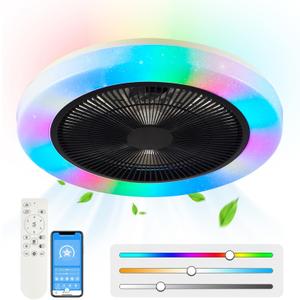 Low Profile Ceiling Fan with Light, Flush Mount Ceiling Fan Light with Remote, RGB Dimmable LED Enclosed Ceiling Fans, LED-RGB Back Ambient Light for Bedroom Kids Room Party,Bedroom(Black,19.7in)