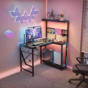 42" L-Shaped Gaming Desk,Computer Desk with Power Outlets, LED Lights, Reversible Corner Desk with 3-Tier Shelves,Cup Holder & Hook,Carbon Fiber Black for Home Office