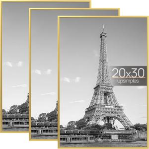 upsimples 20x30 Picture Frame Gold 3 Pack, Scratch-Proof Poster Frames 20 x 30 for Photo Gallery - Slide-In Strips, Horizontal or Vertical Wall Mounting