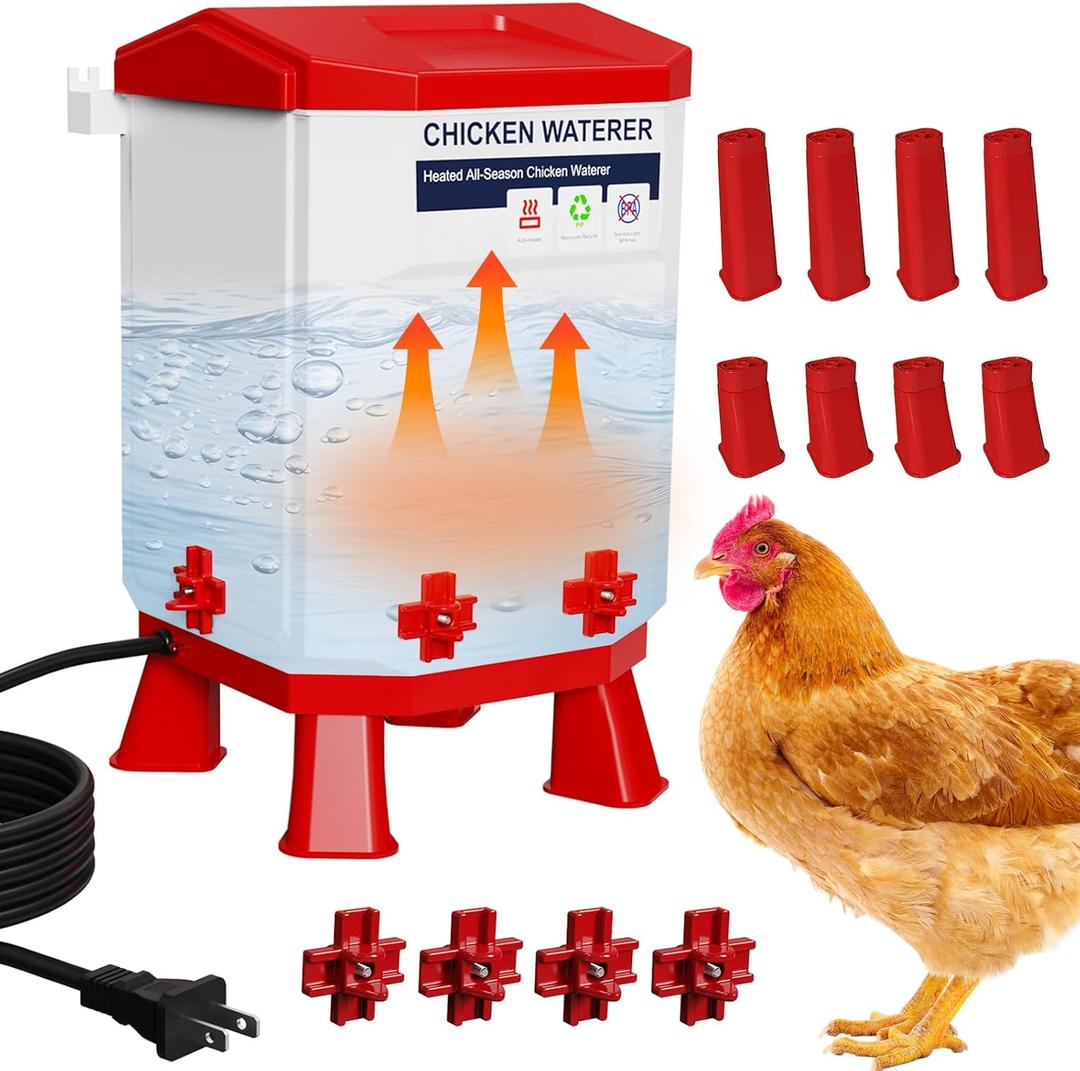 Heated Chicken Waterer, 2 Gallon Thermostatic Poultry Drinker with 4 Nipples, Outdoor Winter Water Heater with Leg Base for Chickens, Ducks, Geese, Turkeys, Anti-Freeze Automatic Watering System (Red)