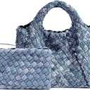 Woven Tote Bag for Women with Coin Purse, Foldable Chain Small Crossbody Handbags,, Hobo Satchel (Denim Deep Blue)